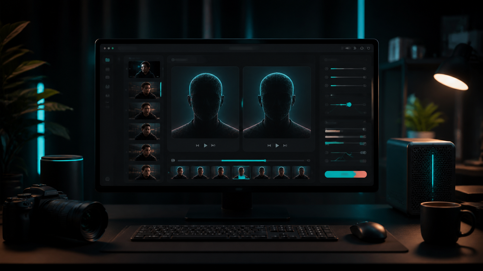 Dark desktop workstation with local face swap software interface