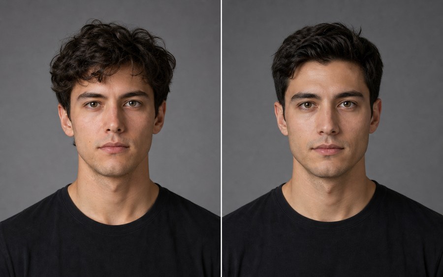 Synthetic portrait face swap before and after example