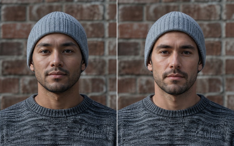 Synthetic video frame face swap before and after example